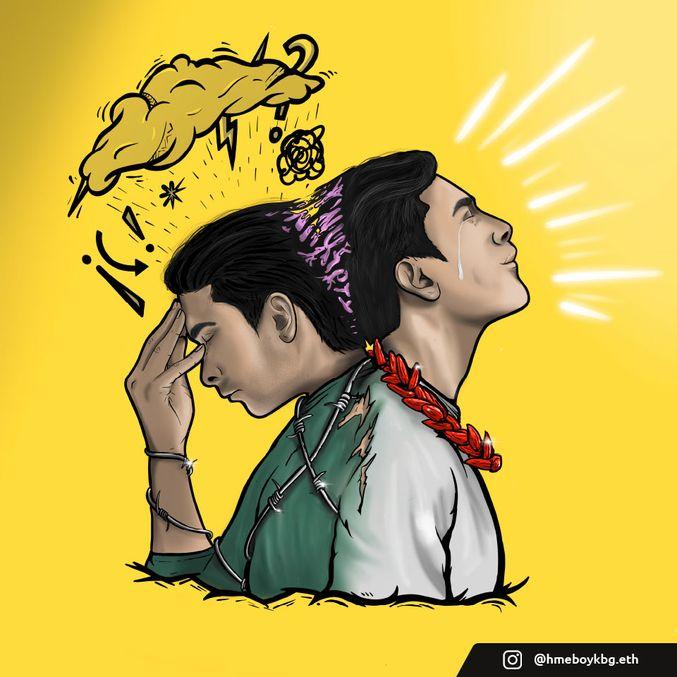 A boy with two sides, one wrapped in barbed wire with a raincloud over his head, the other with a Pacific necklace and a teardrop on his cheek. 