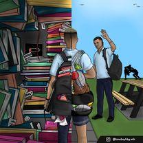 A boy is split in half; one half is at school with a heavy backpack full of books, and the other half is at the rugby field with a heavy bag full of rugby gear. 